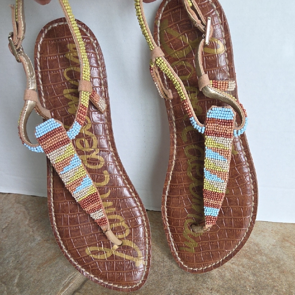 Sam Edelman Gail T-Strap Beaded Brown Leather Sandals